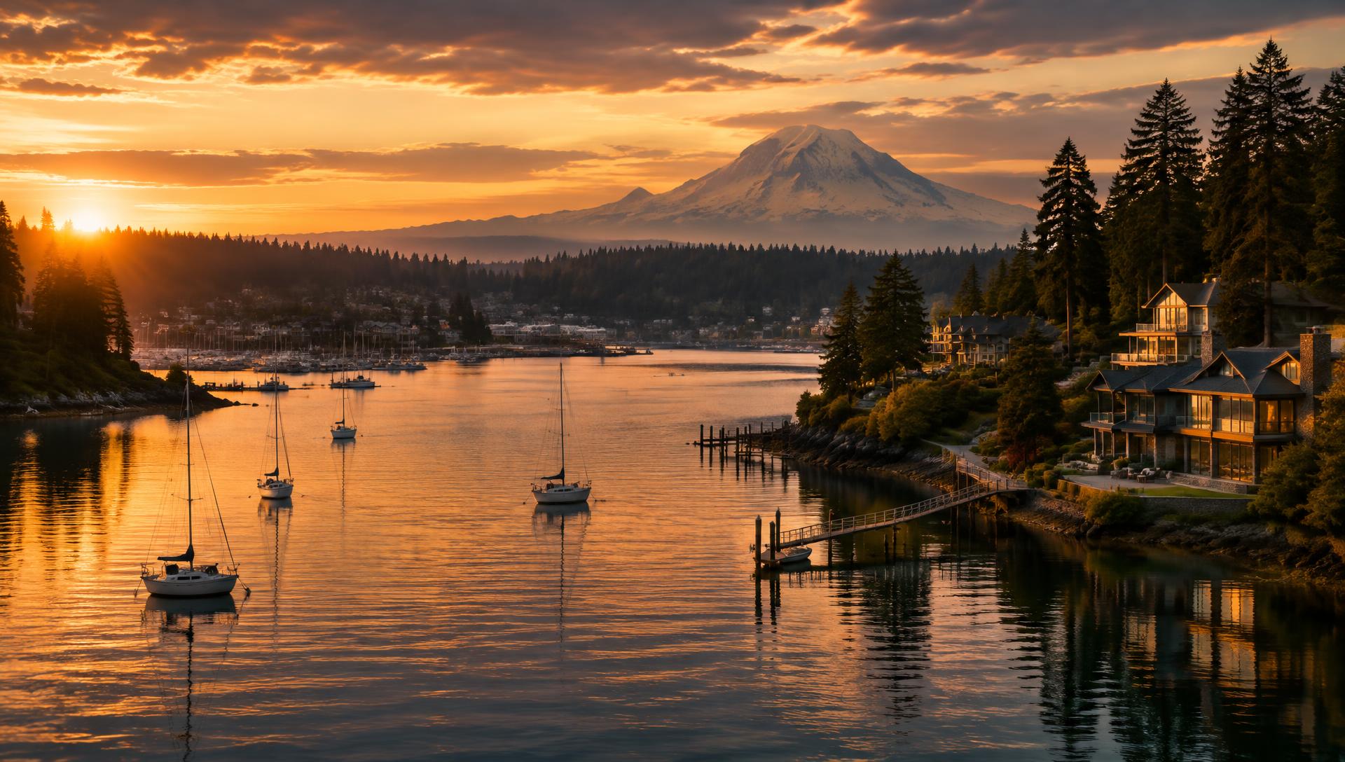 Gig Harbor at sunset with Mount Rainier